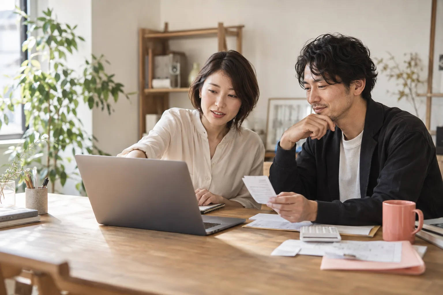 机を囲み、領収書とパソコンの内容を一緒に確認する二人のイメージ