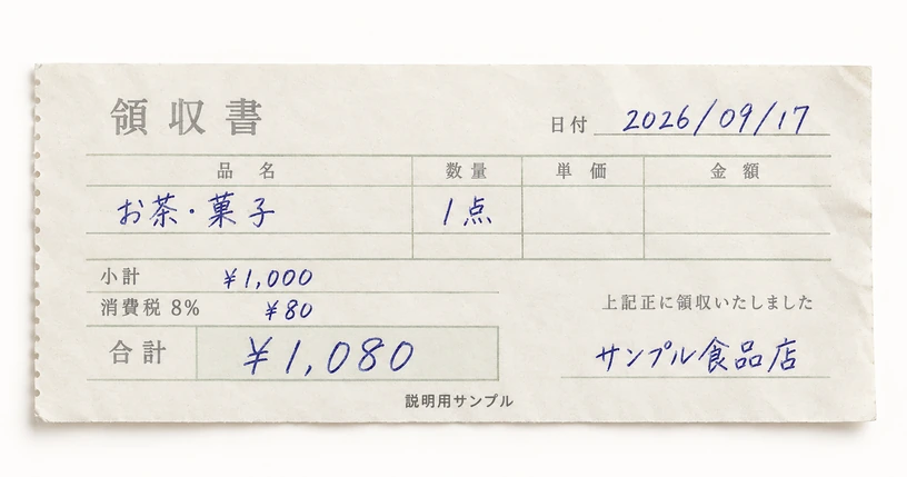 説明用に生成した手書きの領収書。サンプル食品店、2026/09/17、合計1,080円、税率8%。
