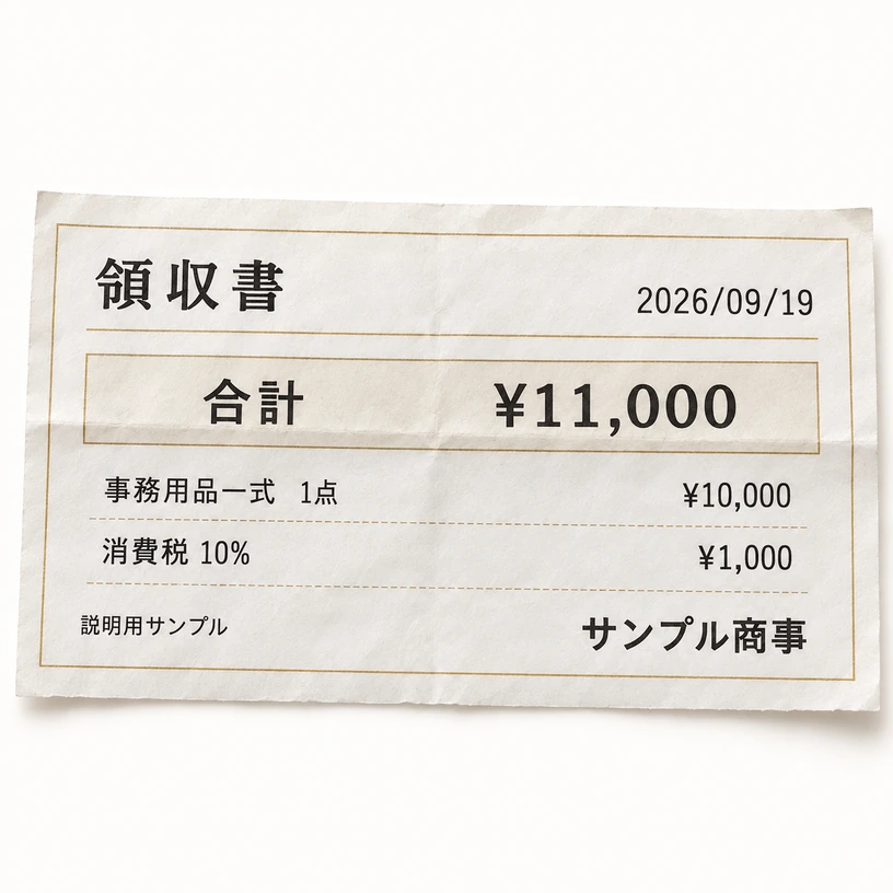 サンプル商事の説明用領収書。日付2026/09/19、11,000円、税率10%。