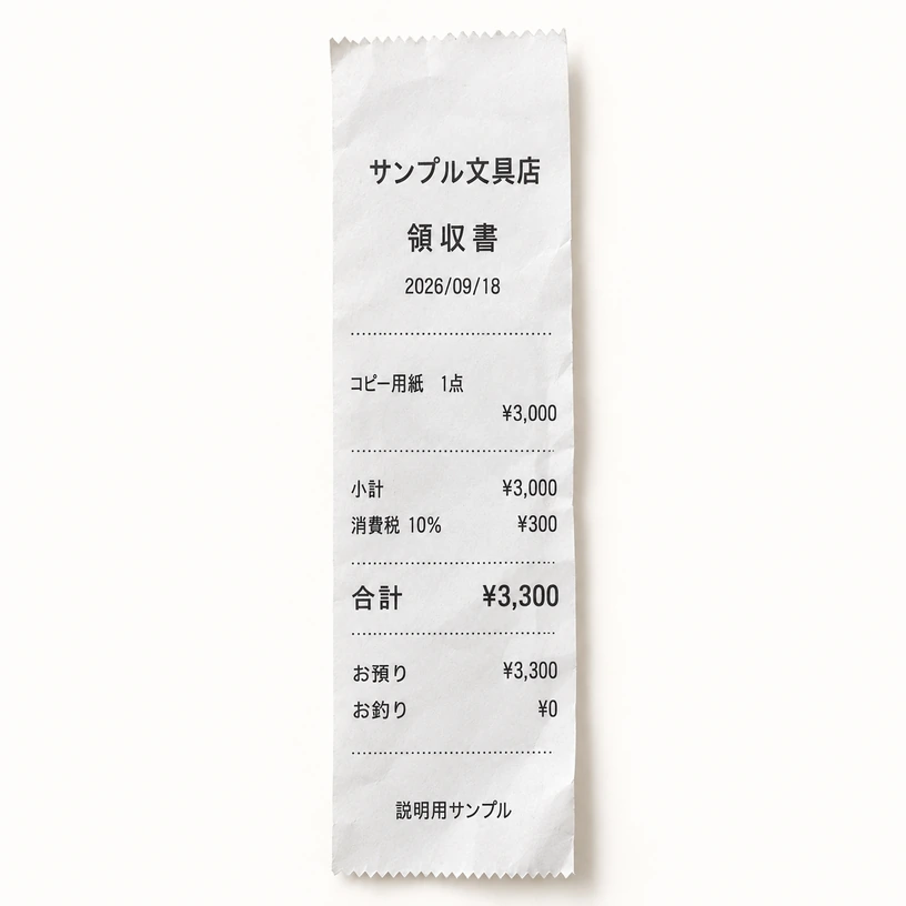 説明用に生成した細長いレシート。サンプル文具店、2026/09/18、合計3,300円、税率10%。
